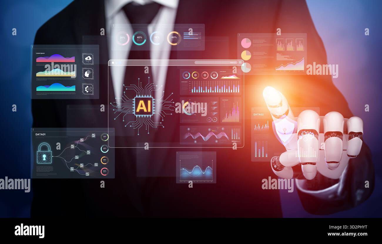 A generative AI assistant creates and manages a business intelligence dashboard. The system provides real-time data analytics, predictive visualizatio Stock Photo