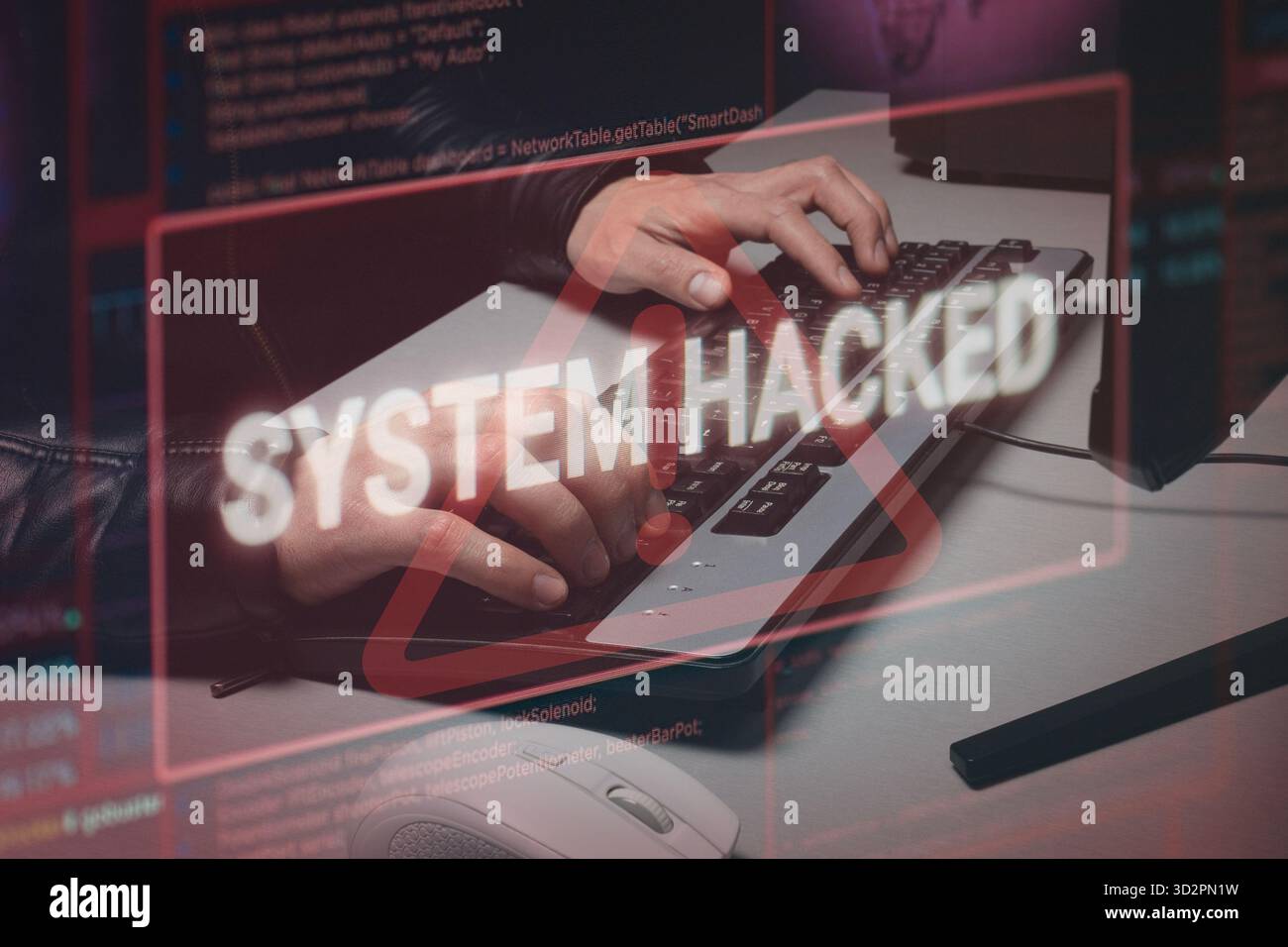Close up to a hacker male hands writing on a keyboard with a system hacked advice and a code composition in double exposition technique Stock Photo