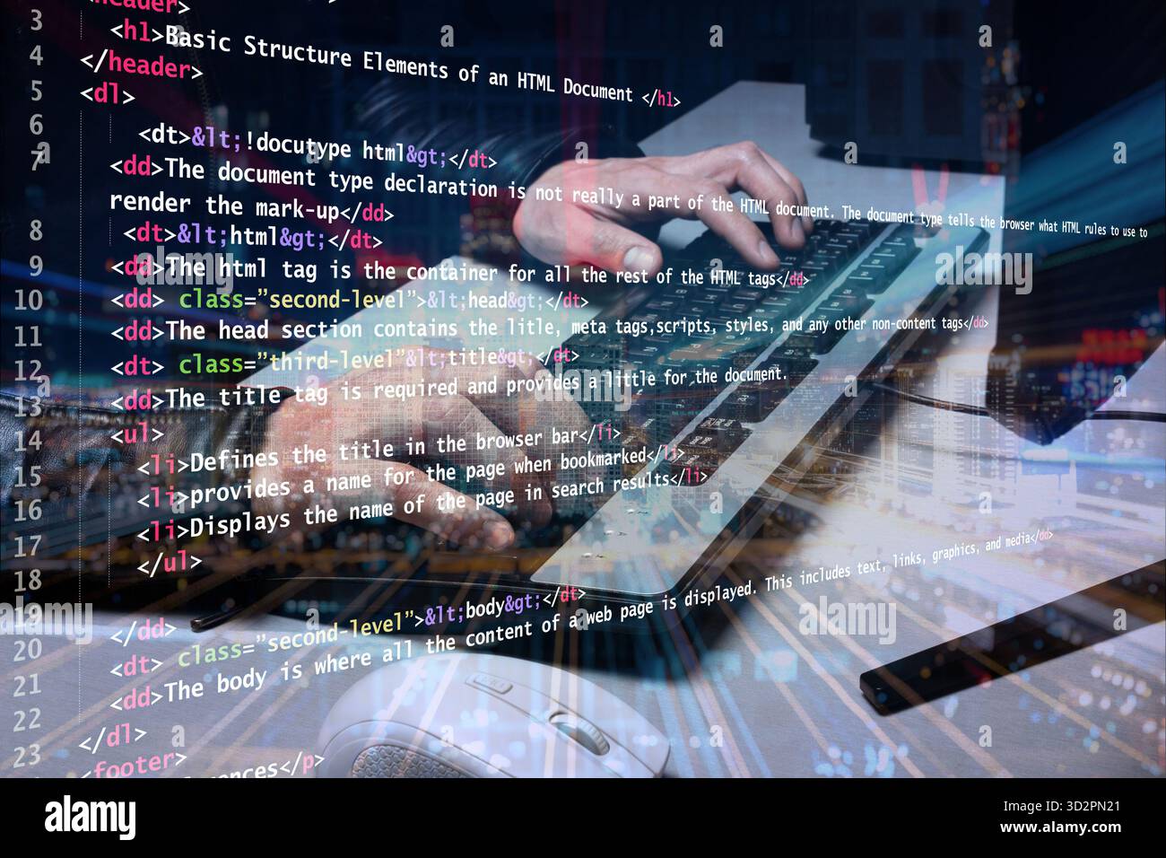 Close up to a male hands writing on a keyboard a HTML code composition Stock Photo