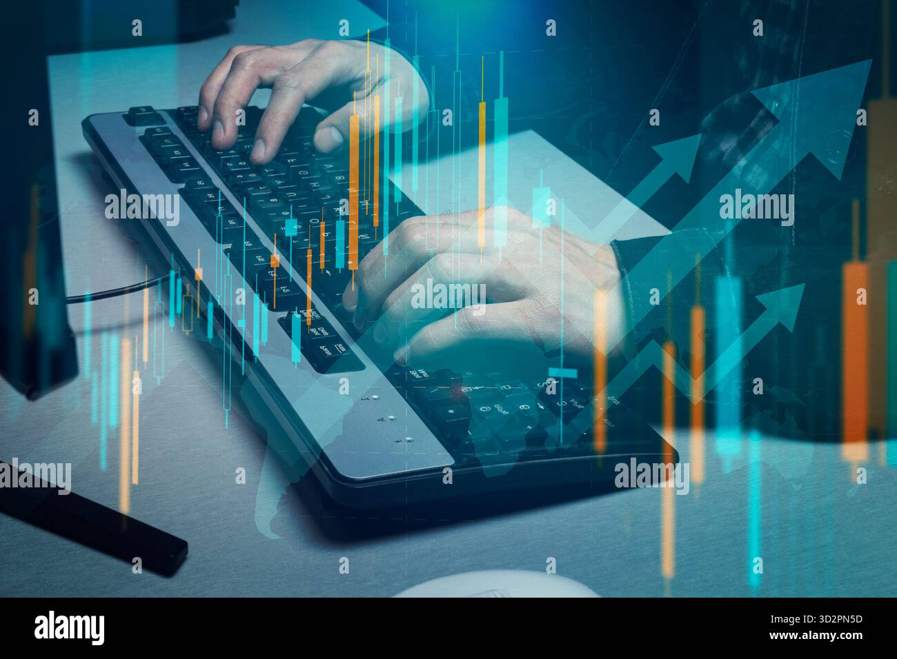 Close up to a male hands writing on a computer keyboard with blue and orange arrows and graphs of stock market double exposition concept Stock Photo