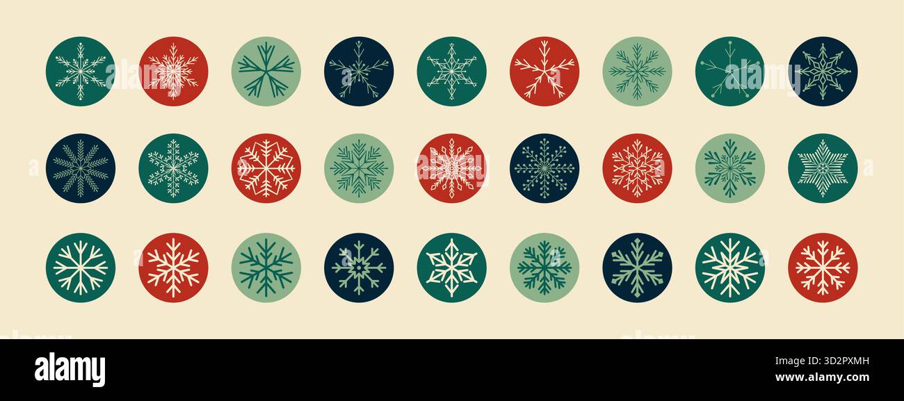 Flat Round Snow Flake Sticker Collection Set Stock Vector