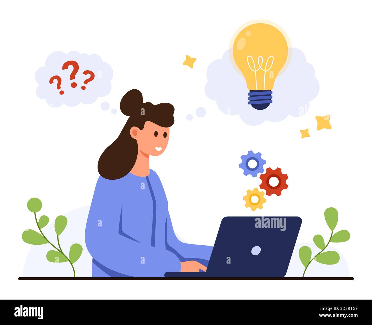 Woman working on laptop, thinking through questions and generating ...