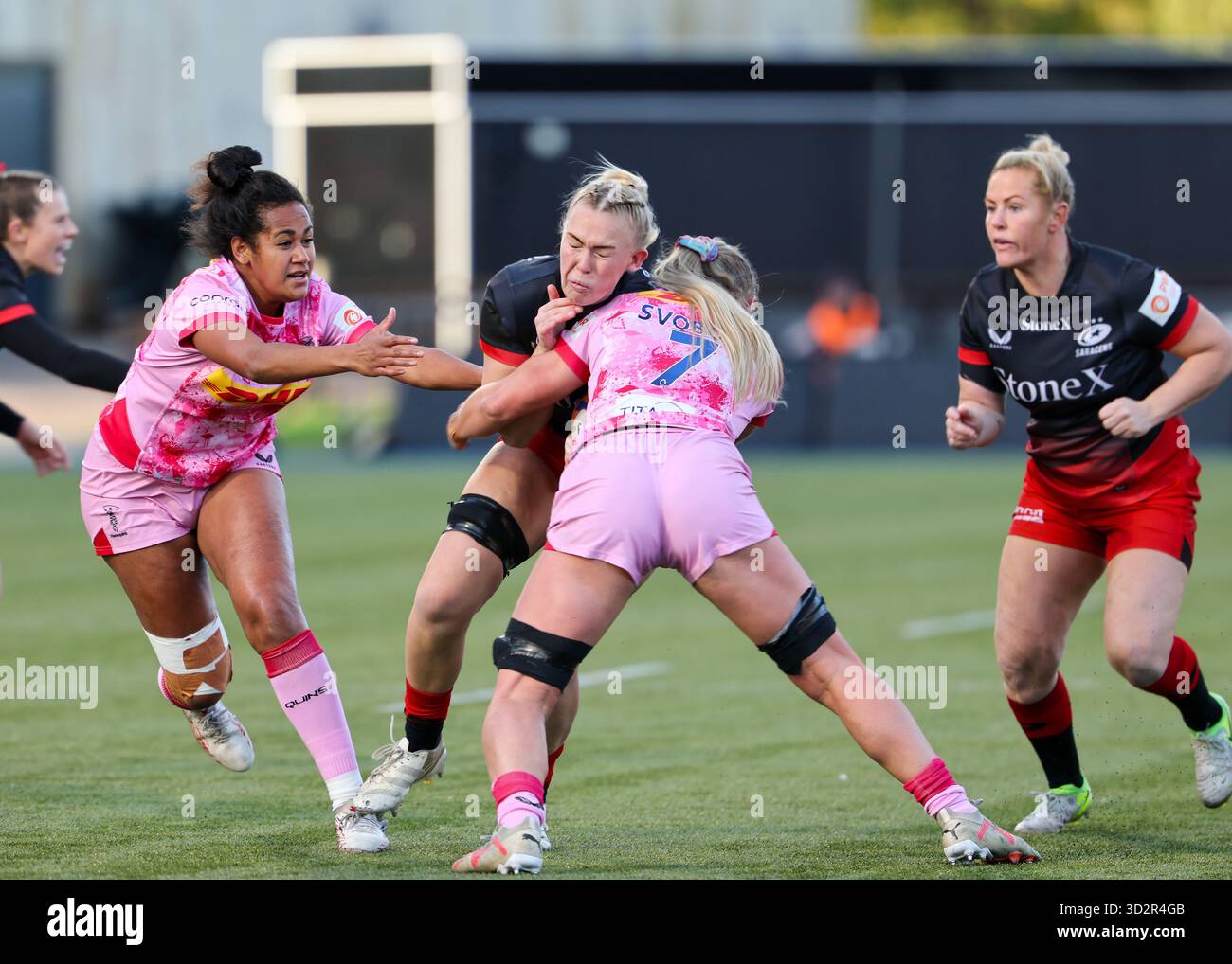 London, UK. 2nd November 2025. Rosie Galligan (Saracens) gets tackled ...
