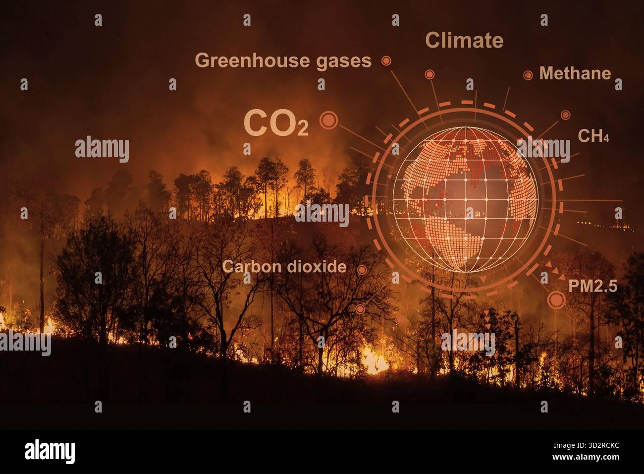 Forest fires are emitting substantial amounts of greenhouse gases and particulate matter into the atmosphere Stock Photo