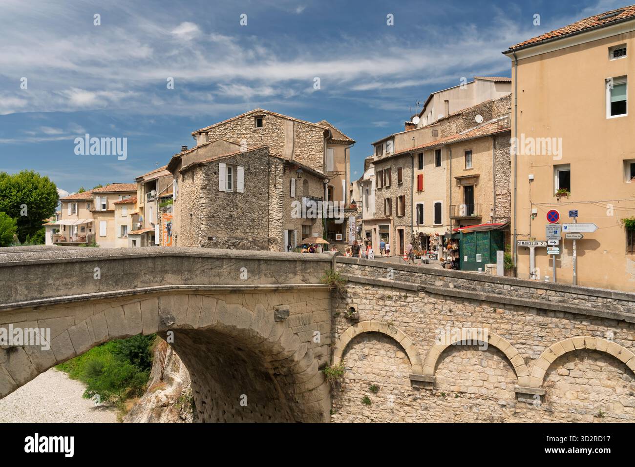 A bridge and street in the village of Vaison-la-Romaine, Drome, Provence, France, Europe. Stock Photo