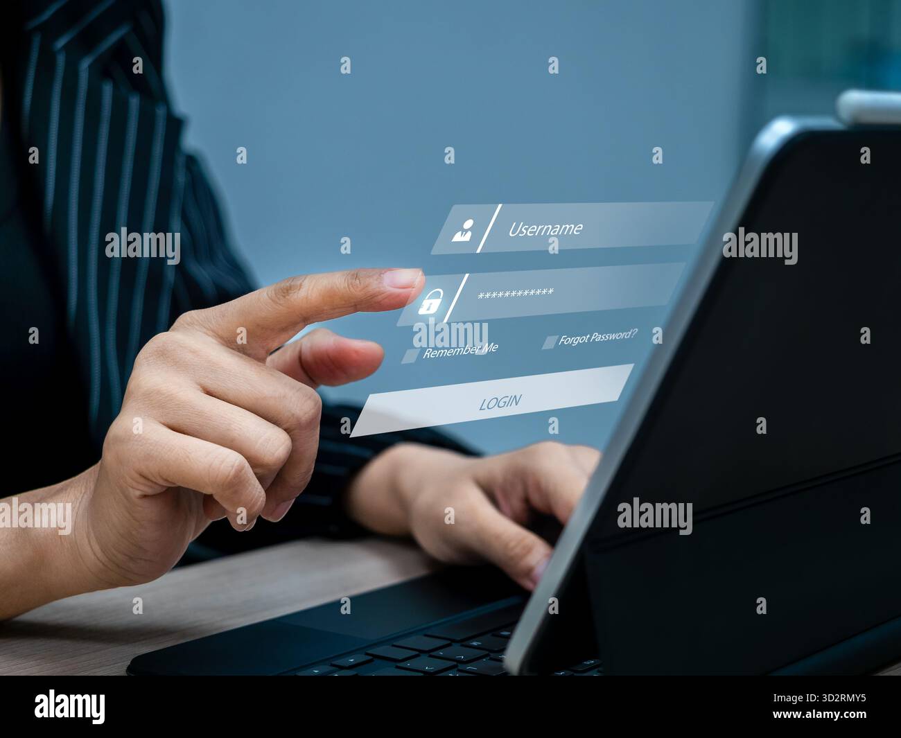 Close-up of hand entering password on virtual login screen on laptop, showing username and secure access interface. Concept of sign in, online registr Stock Photo