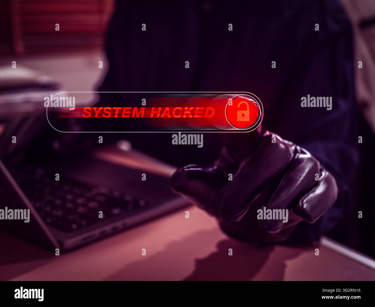 Hacker hand pressing on red warning sliding button with "System Hacked" text, symbolizing cyberattack, data breach, and hacking threat. Cybersecurity Stock Photo