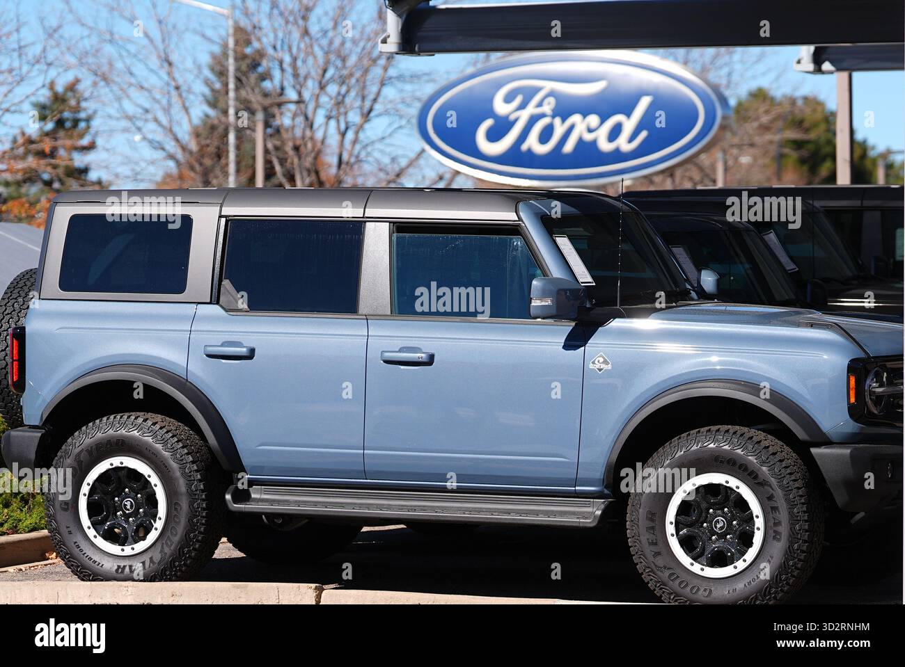 Unsold 2026 Bronco utility vehicles sit on the lot of a Ford dealership ...