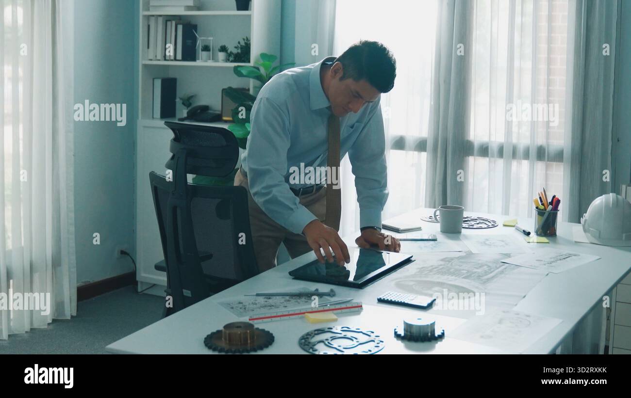 Engineer Calling Top down aerial view of smart engineer calling manager about turbine ...