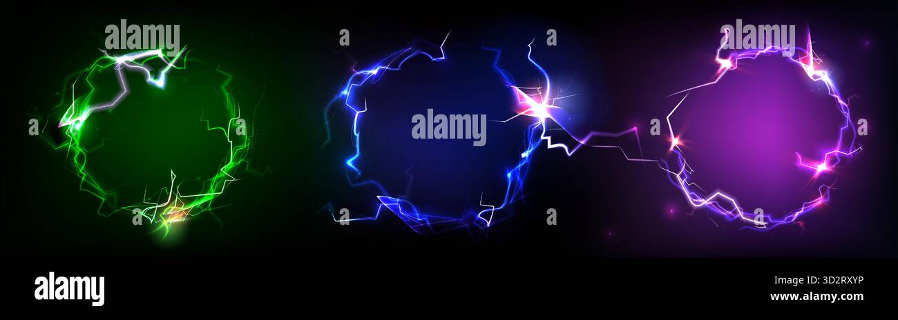 Round neon lightning frames set isolated on black background. Vector ...