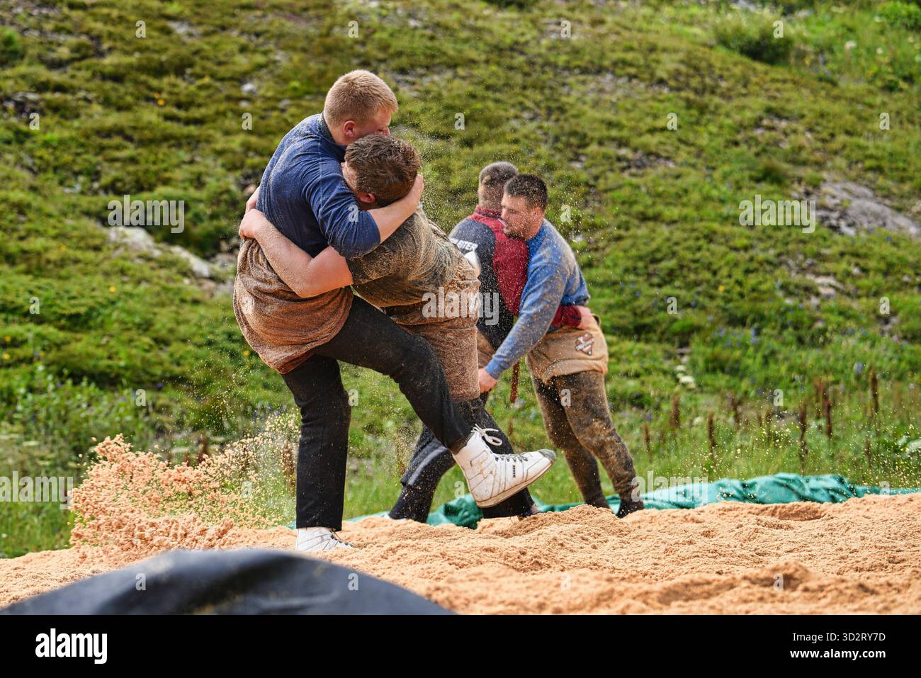 Swiss folk wrestling, Schwingen, being practiced outside by big strong men wearing special leather shorts swinging opponent, Grindelwald, Switzerland Stock Photo