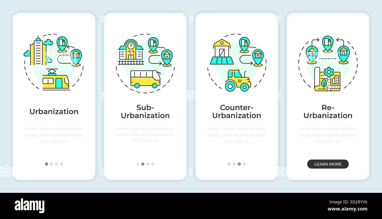 Types of urbanization onboarding mobile app screen Stock Vector