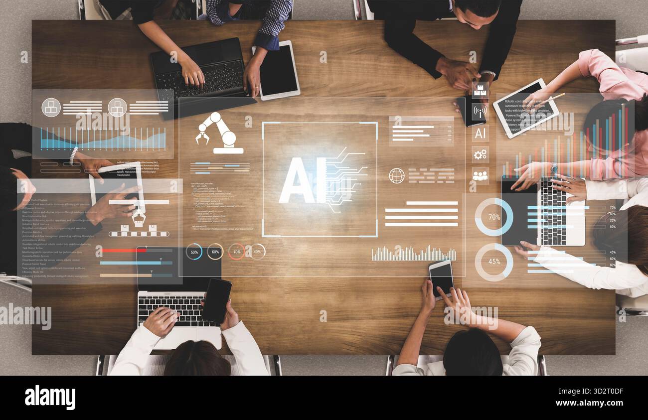 Artificial intelligence improves industrial automation, optimizing data analytics, precision robotics, and smart factory operations to enhance perform Stock Photo