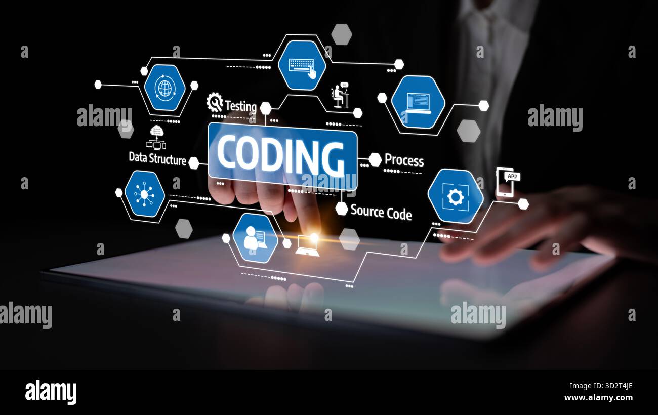 A focused individual interacts with a tablet showcasing a visual representation of coding concepts including data structure and testing, symbolizing m Stock Photo