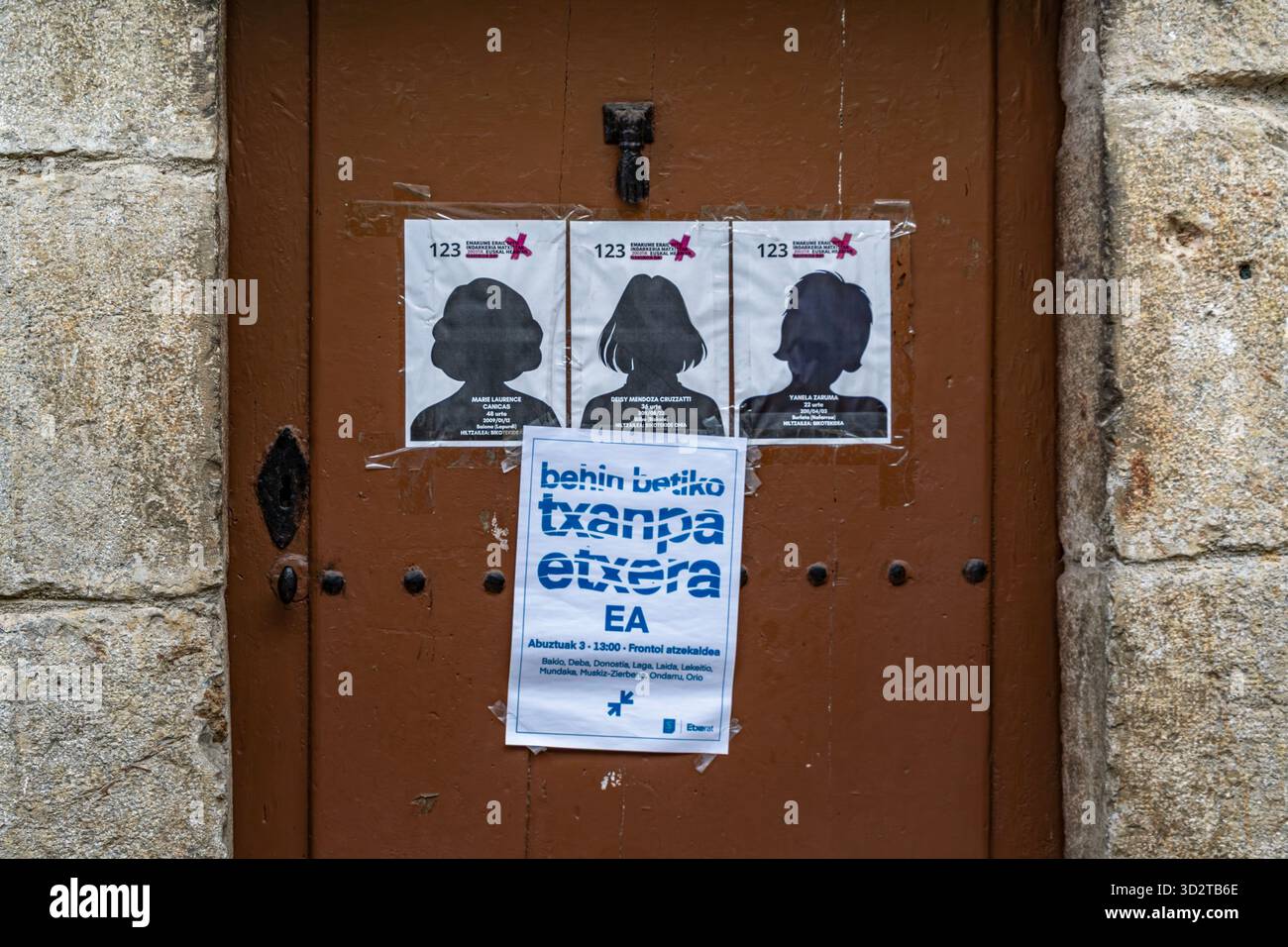 Protest Posters Against Gender Violence on Brown Wooden Door, Social Activism Campaign, Basque Country, Spain, Community Awareness, Public Statement Stock Photo