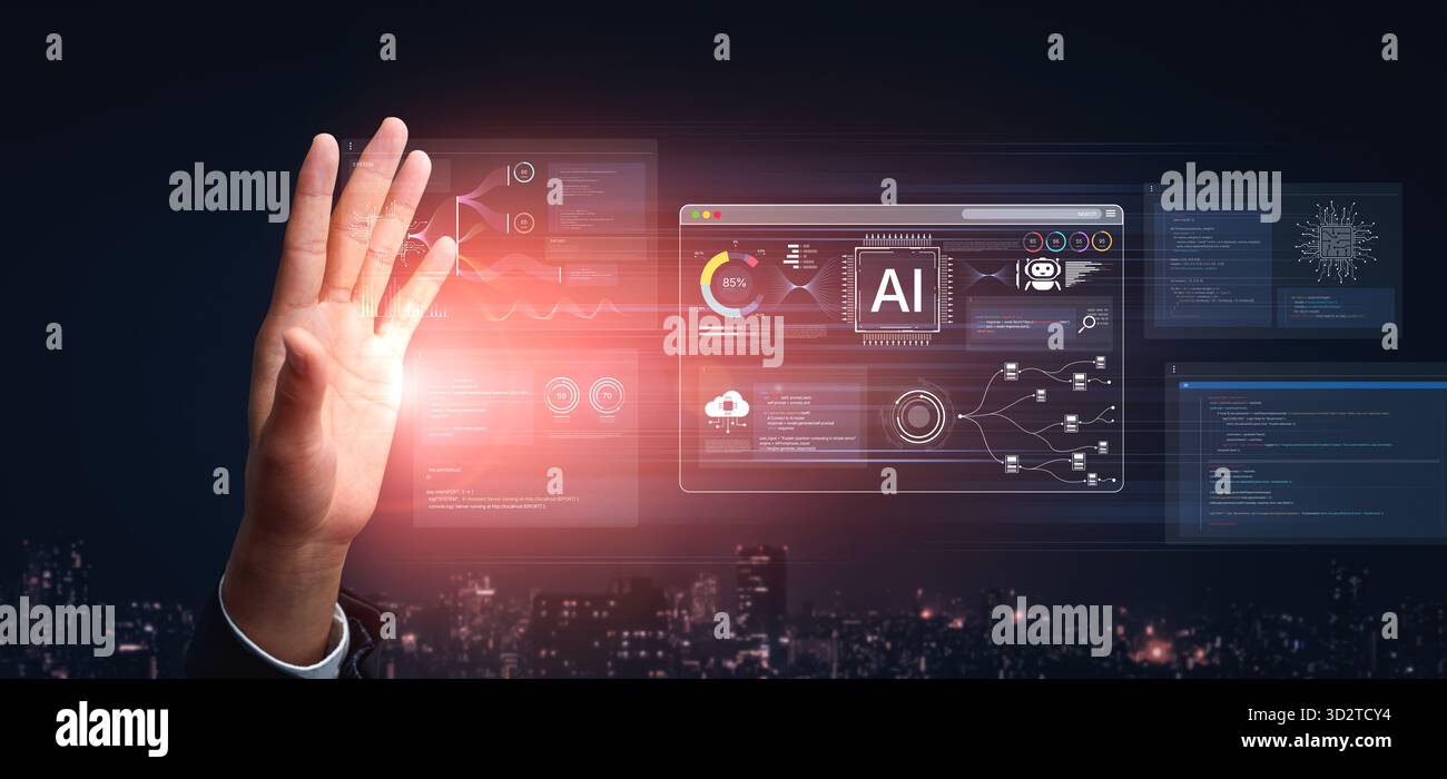 An AI development environment dashboard. This platform provides tools for coding, data science, and visualizing machine learning models, from the init Stock Photo