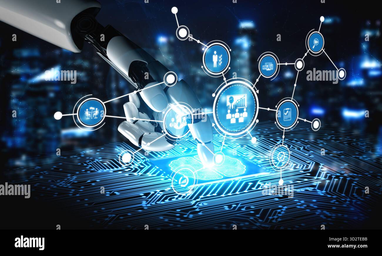 A robotic hand reaches out to a glowing digital interface, symbolizing advanced technology and data interaction against a futuristic cityscape backdro Stock Photo