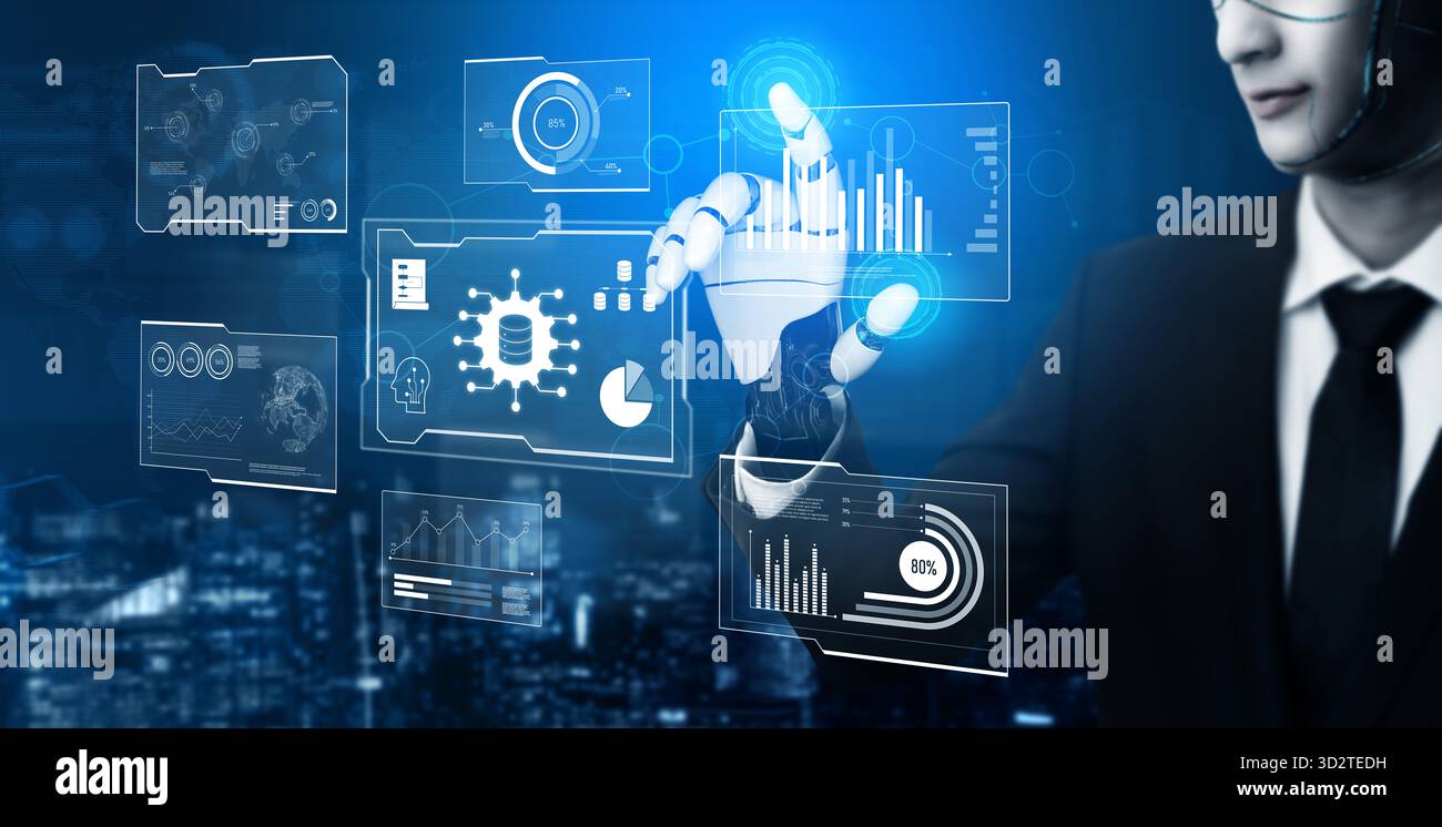 AI reading big data visualization dashboard, analyzing insights, identifying patterns, and generating strategic decisions through automated data inter Stock Photo