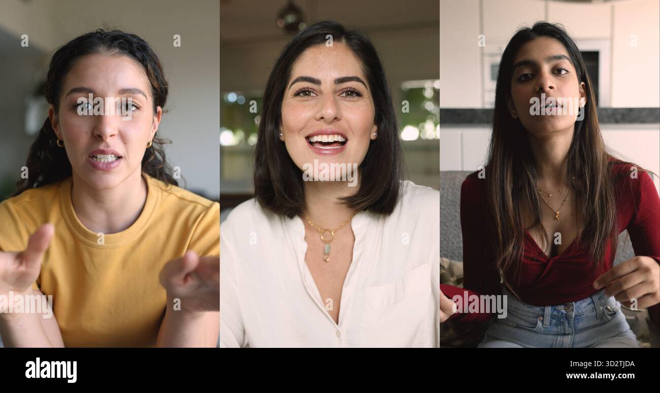 Three beautiful multiracial young women start videocall, collage view Stock Photo