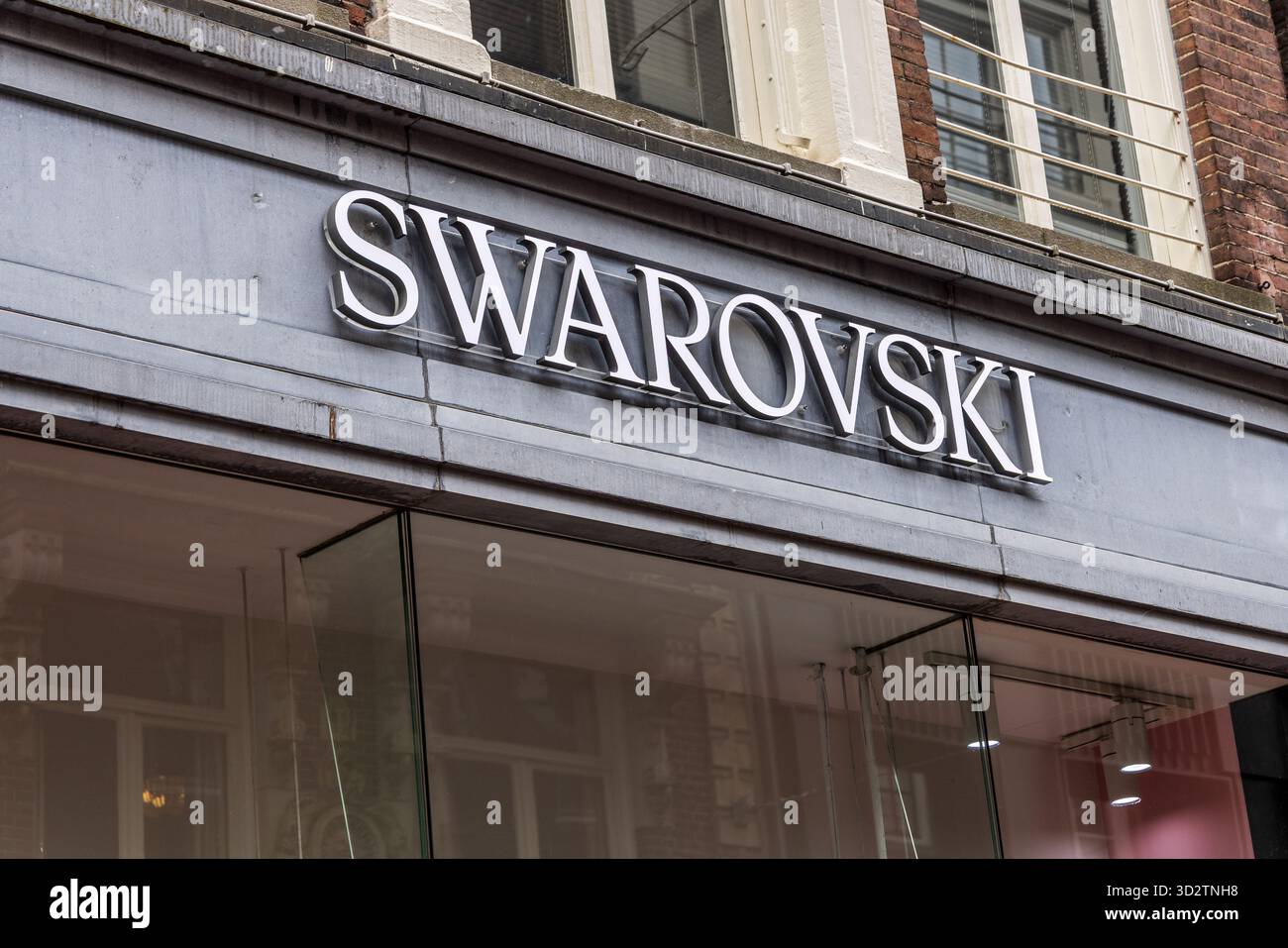 Amsterdam, Netherlands – April 16, 2025: Swarovski store in the city center, illustrating the presence of the international luxury jewelry and crystal Stock Photo