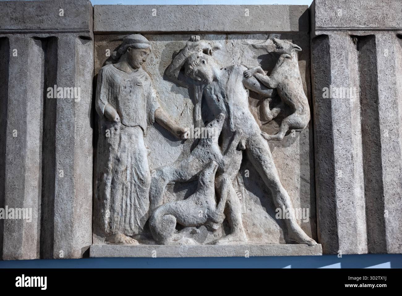 Inatigation Limestone and marble metope from Temple E at Selinunte showing Aktaion ...