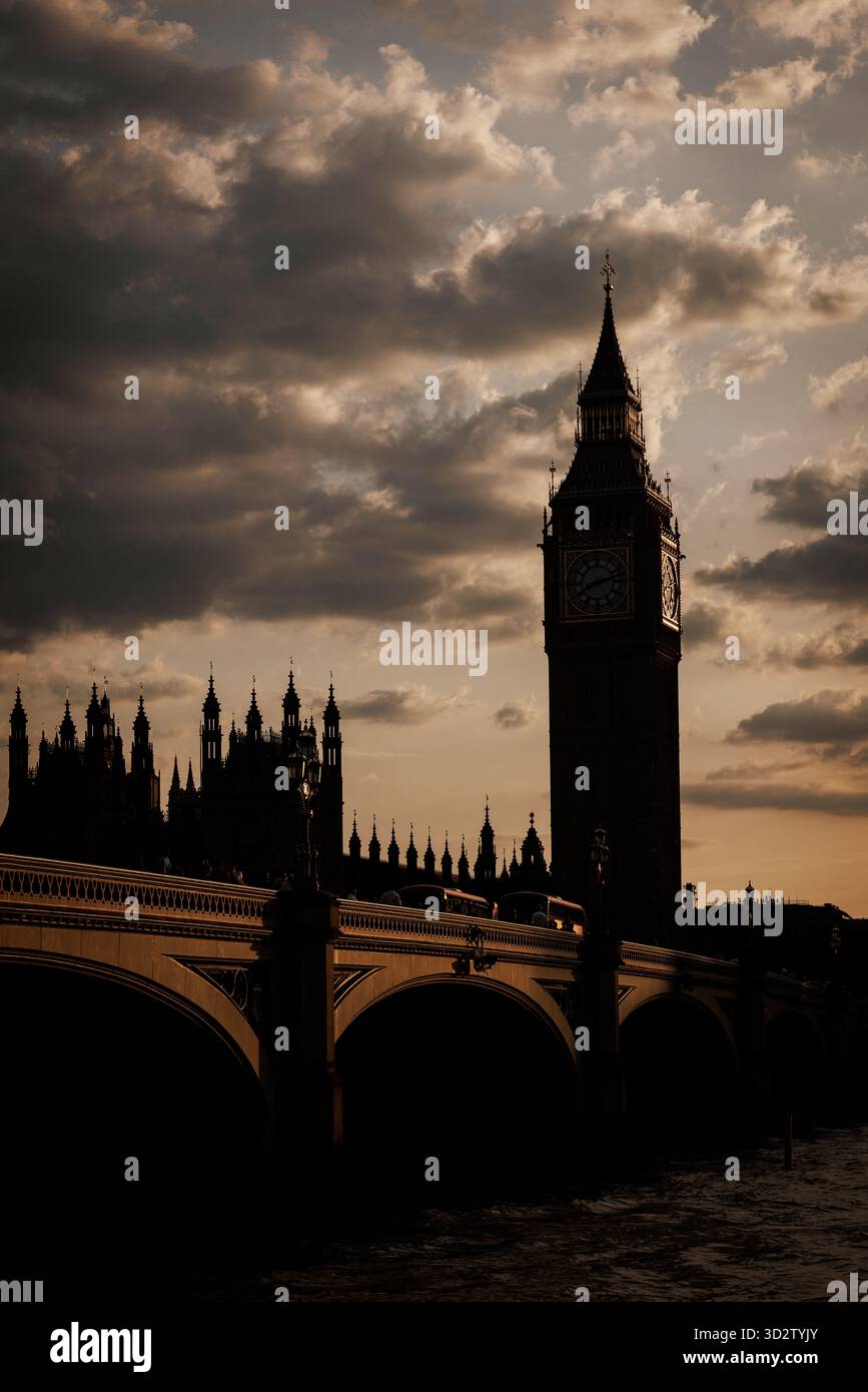 Big Ben and Westminster Bridge silhouette at sunset Stock Photo