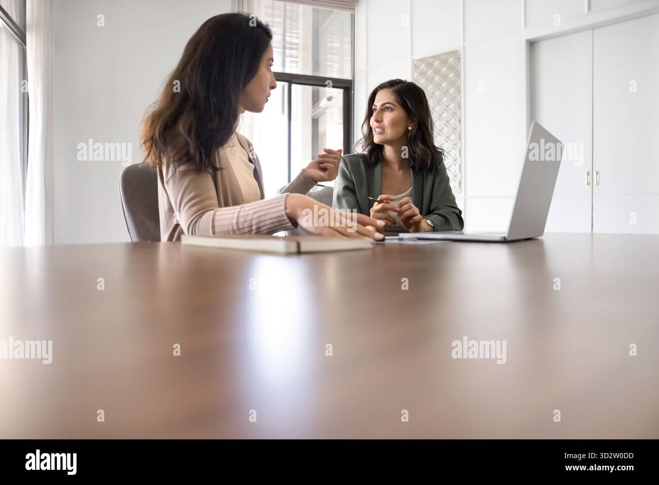 Two businesswomen having serious discussion in office Stock Photo