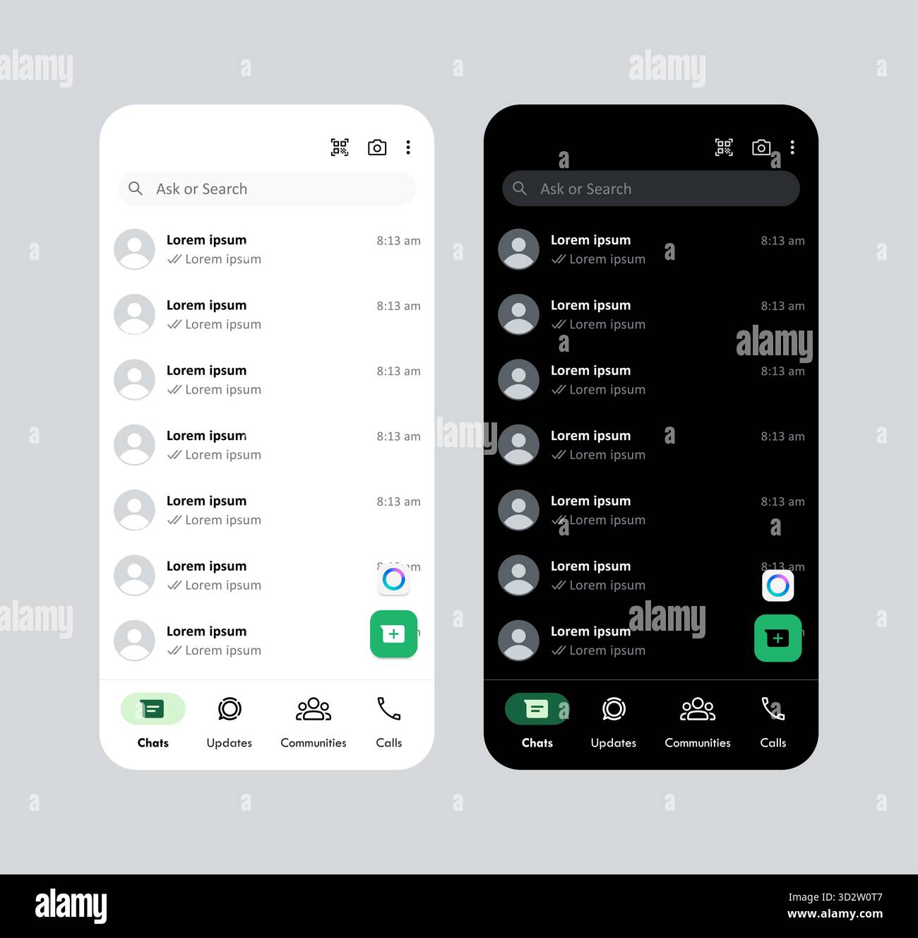 Chatting social media application light and dark theme, messaging app user interface mockup template. Vector illustration Stock Vector