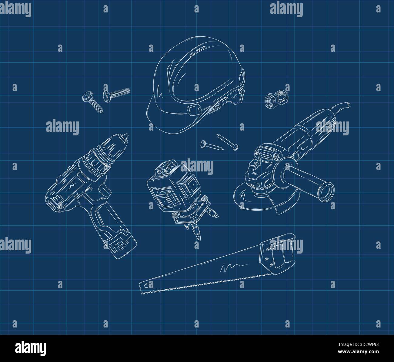 Powerful rotary hammer and regular drill set drawing in graphic style on blue background Stock Vector