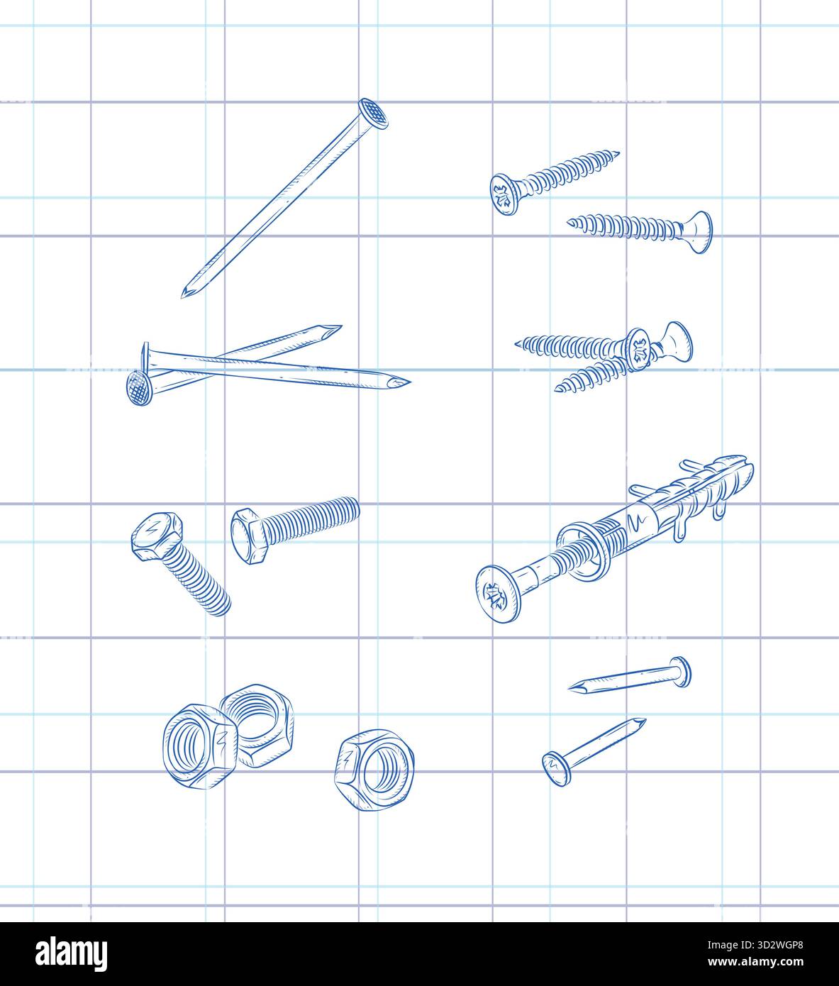 Screws, bolt, nut, wall plug and rivets set drawing in graphic style on ...