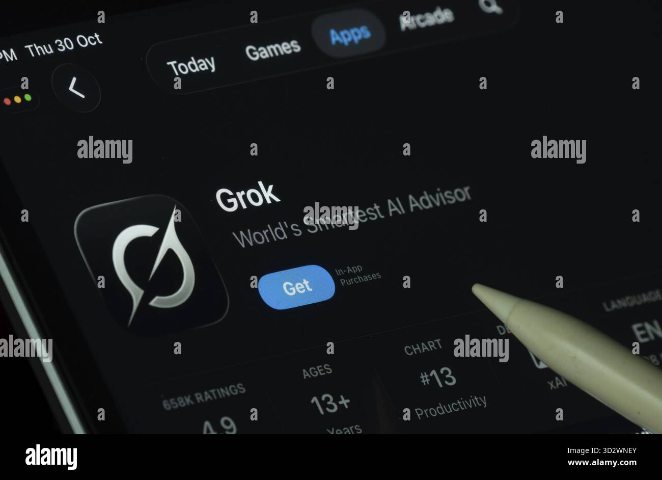 Grok Screen Dhaka, Bangladesh- 30 Oct 2025: Grok Ai app displayed on a iPad screen ...