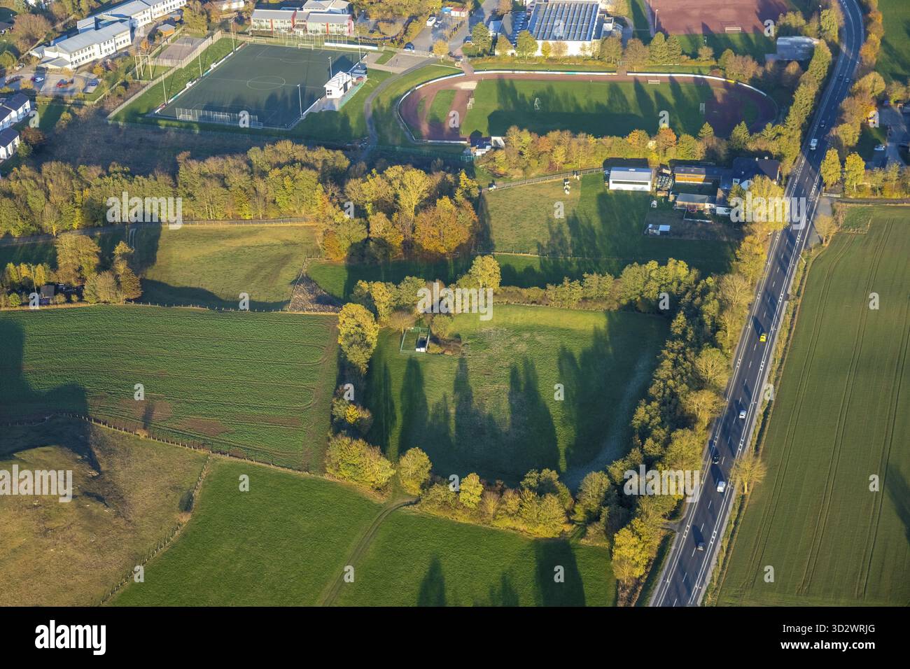 Aerial view, planned rain retention basin, SV 1920 Brilon e.V., soccer ...