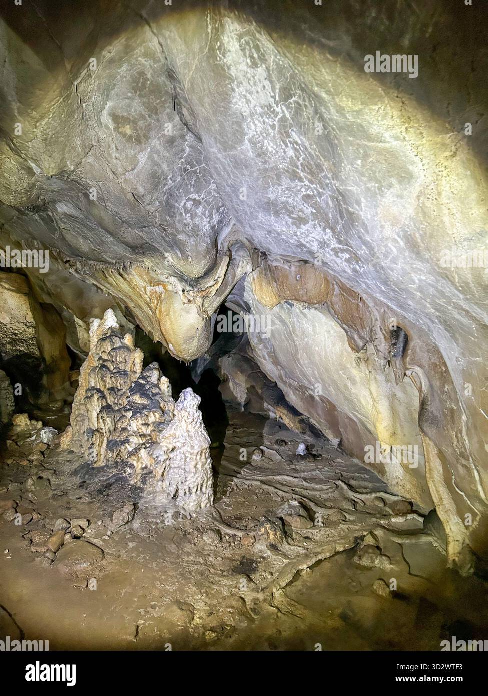 Stunning interior view of the Ice Cave in Uvac Canyon, Serbia, showing stalagmites, stalactites, and natural limestone formations illuminated by cave - Smartphone Captured Stock Image