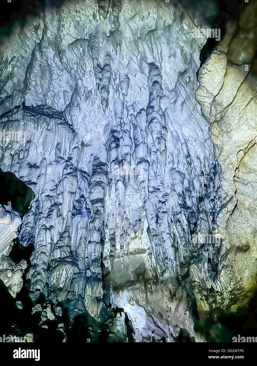 Majestic limestone formations and icy textures inside the Ice Cave in Uvac Canyon, Serbia, showcasing natural beauty shaped by centuries of water and - Smartphone Captured Stock Image