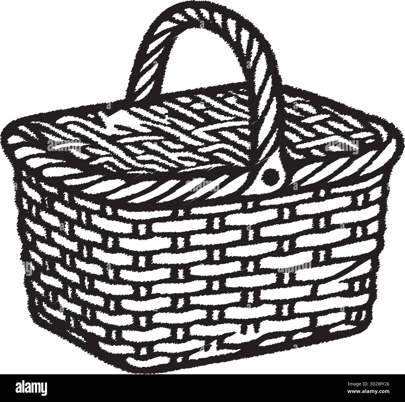 A low oval wicker basket shows tight weaving and a gently arched grip for carrying goods Stock Vector