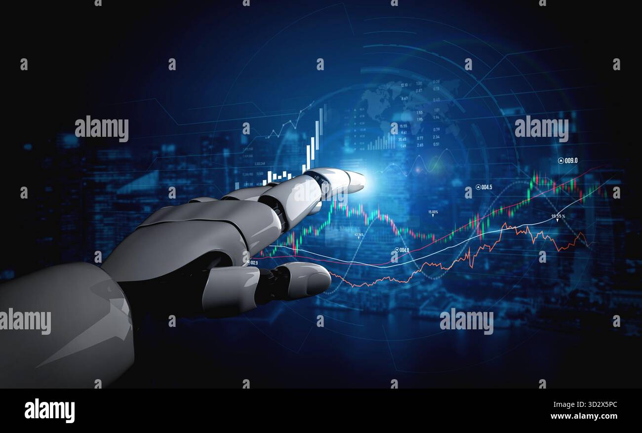 A futuristic robot hand points to a digital financial graph, showcasing data visualization in a high-tech environment, emphasizing growth and technolo Stock Photo