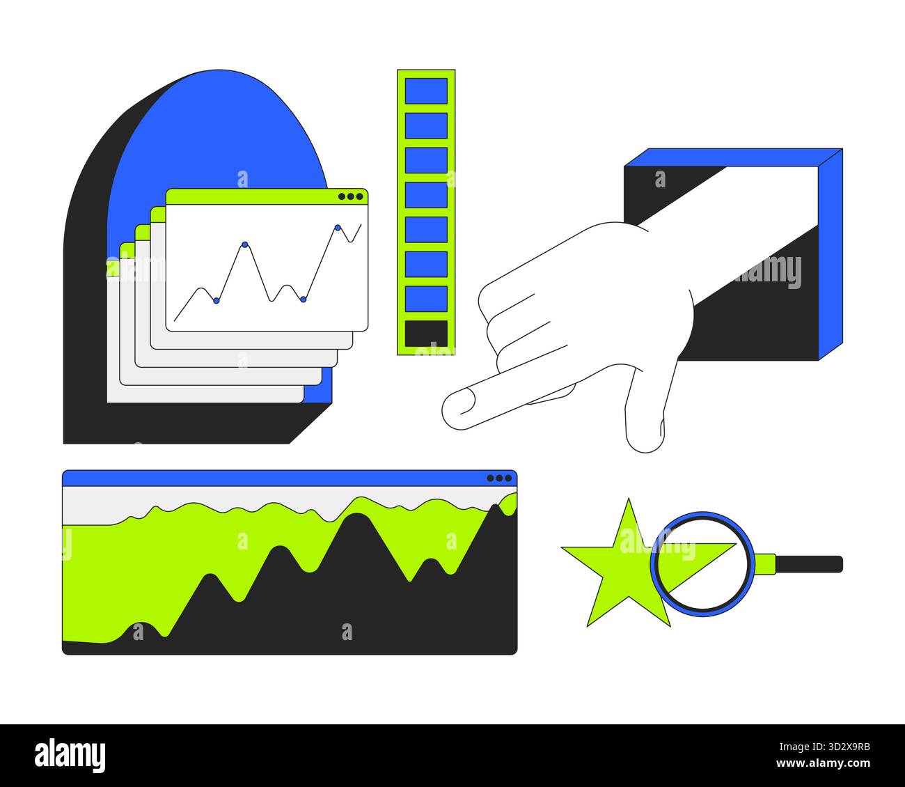 Dashboard elements and data evaluation 2D cartoon objects set Stock Vector