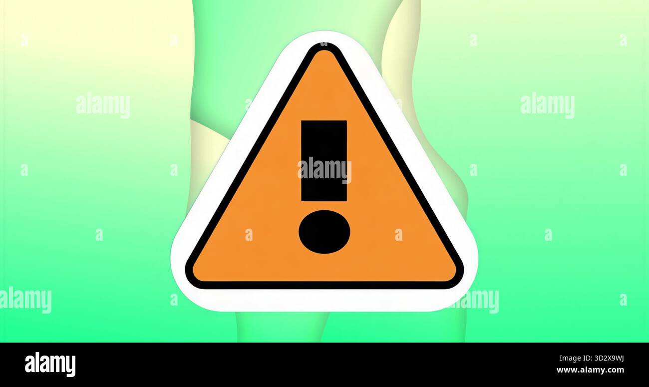 Displaying orange triangular warning sign glowing atop green gradient background, signaling caution Stock Photo
