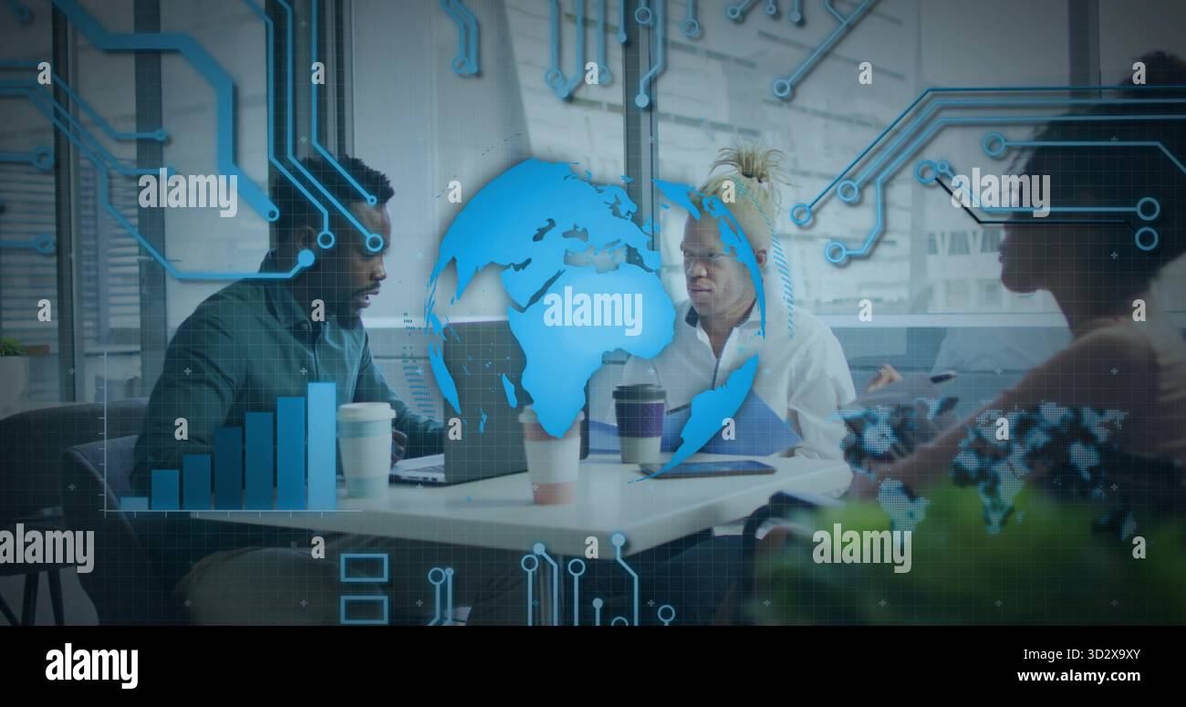 Analyzing data three professionals working around table in office with laptops and digital overlay Stock Photo