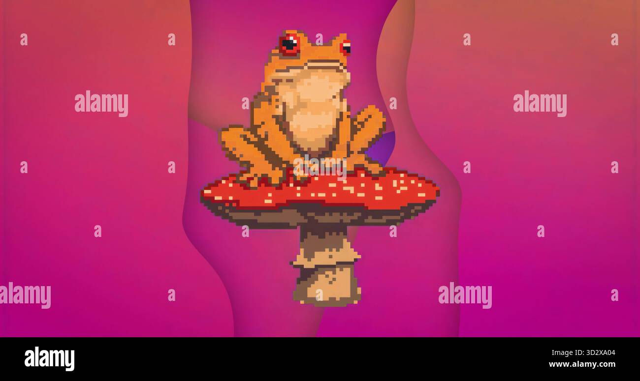 Sitting pixel art frog resting on pixel art mushroom cap in abstract ...