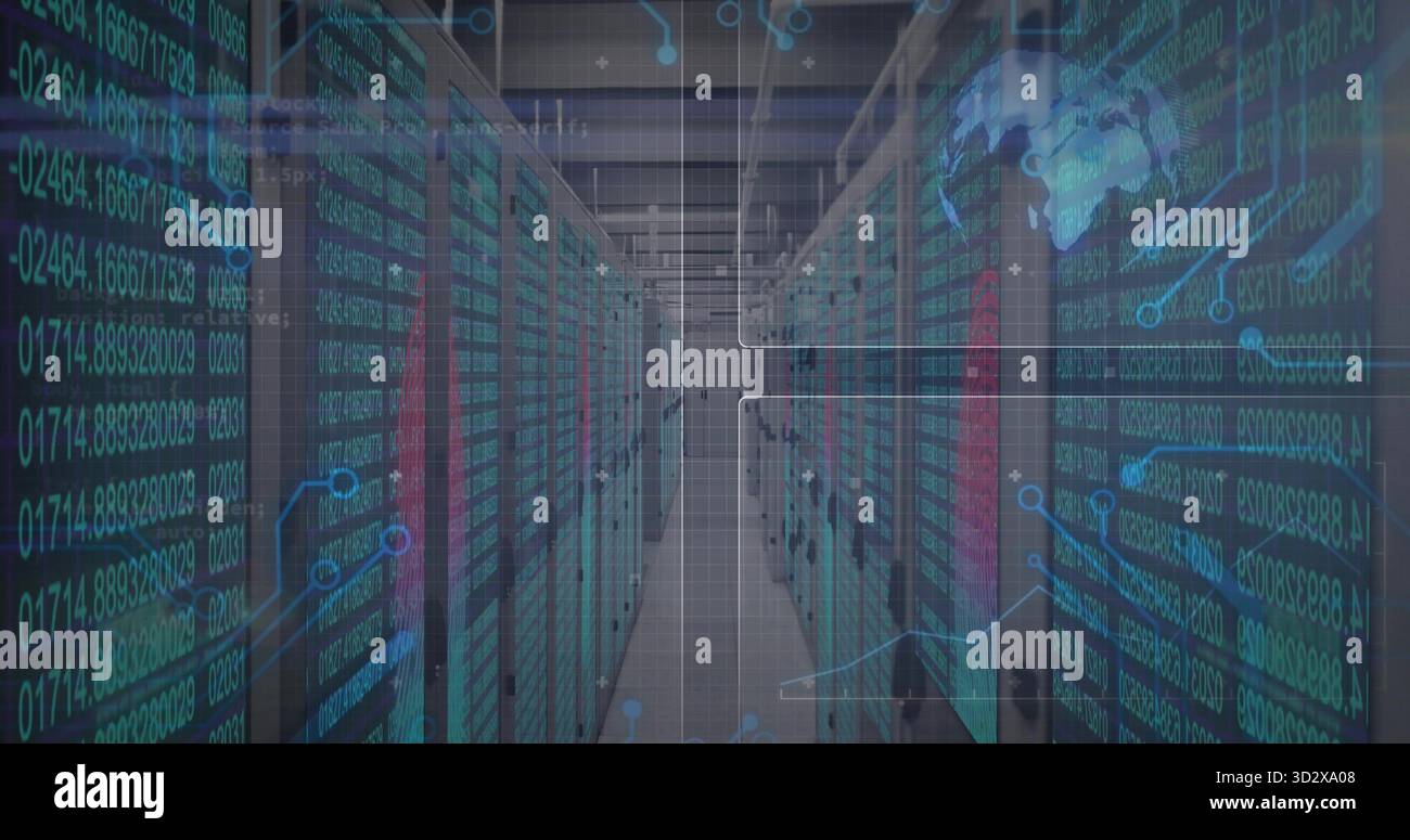 Blinking server racks lining secure data center corridor, with LED ...