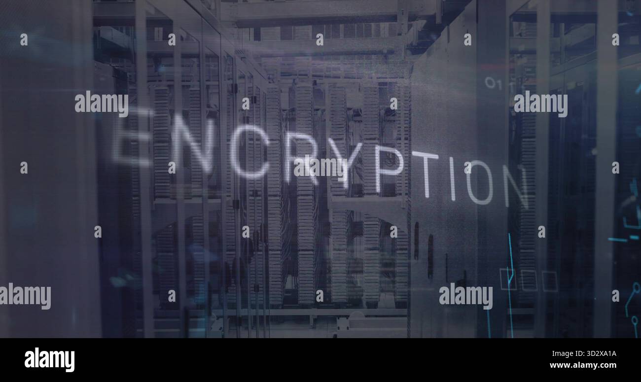 Displaying server racks running inside data center with circuit boards and floating encryption text Stock Photo