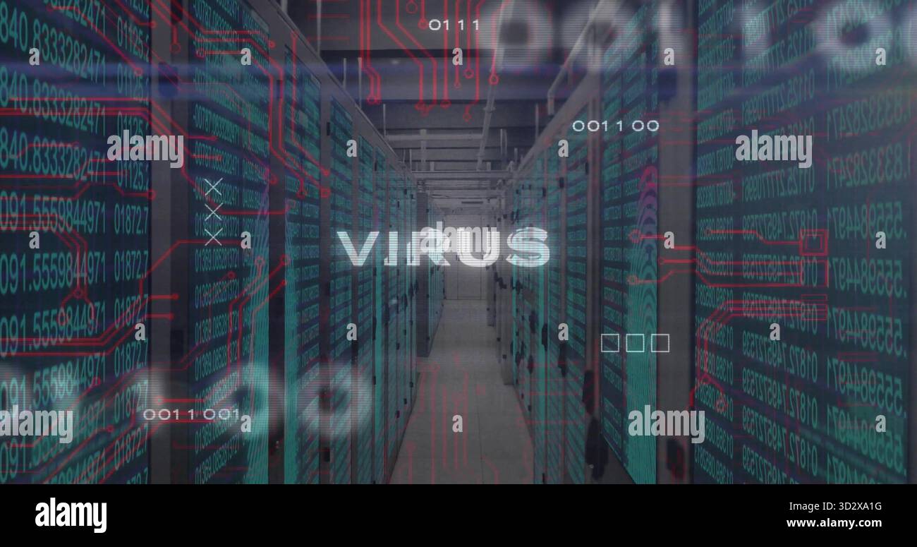 Floating white VIRUS text overlay hovering across data center corridor, with server racks Stock Photo