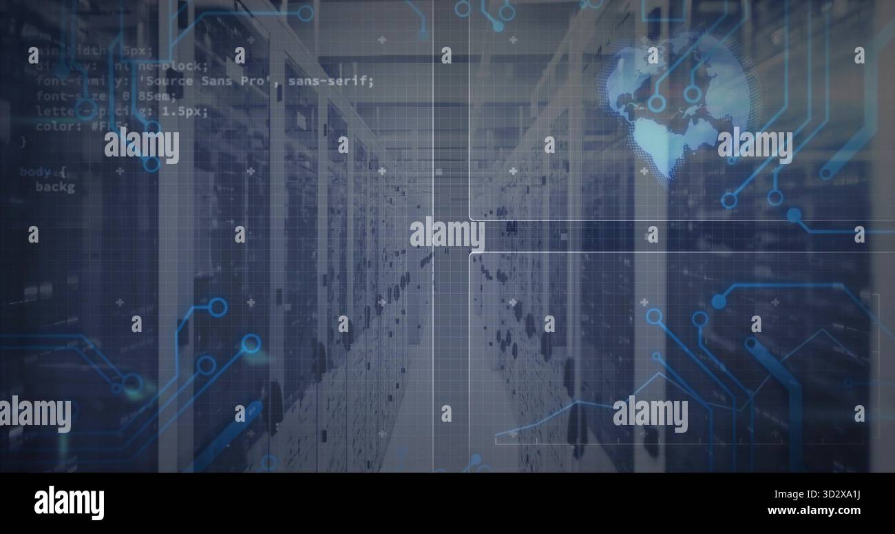 Displaying data center aisle stretching, highlighting server racks, code snippets and globe graphic Stock Photo
