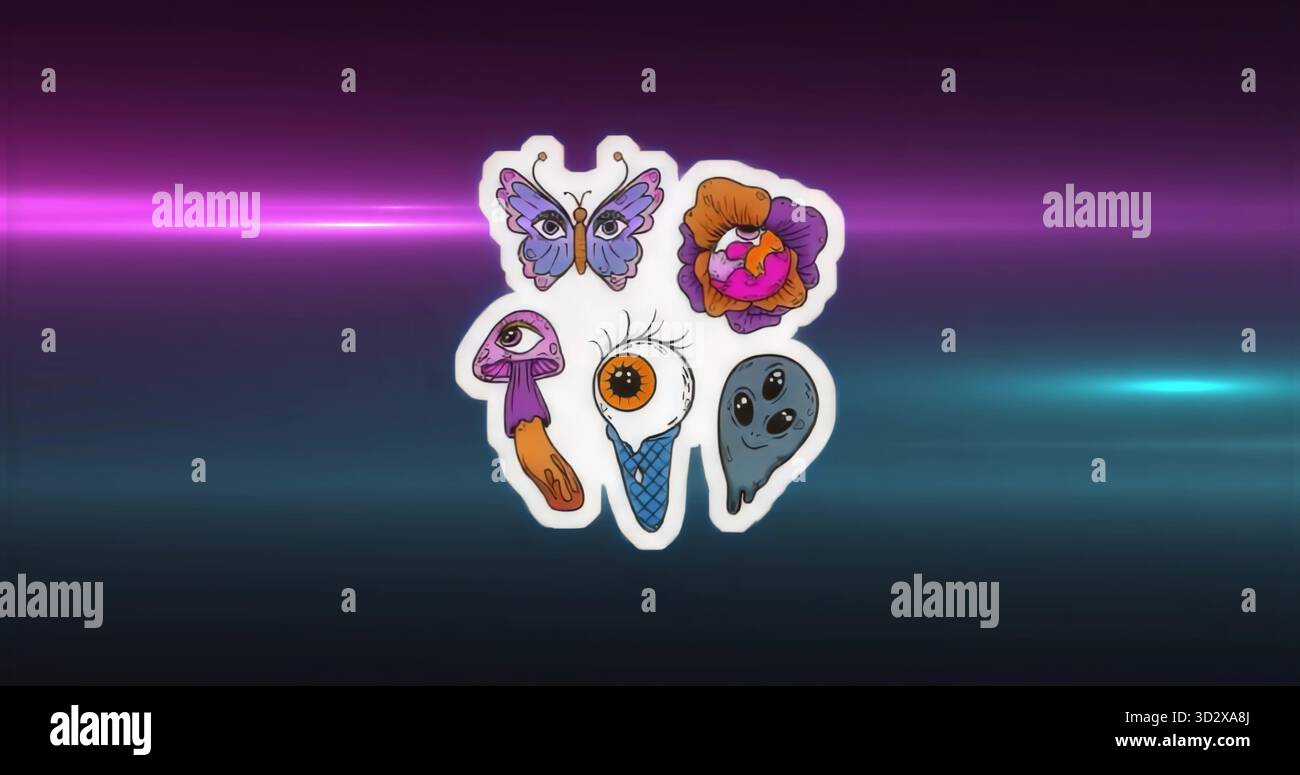 Floating cluster showing five surreal stickers over dark digital ...