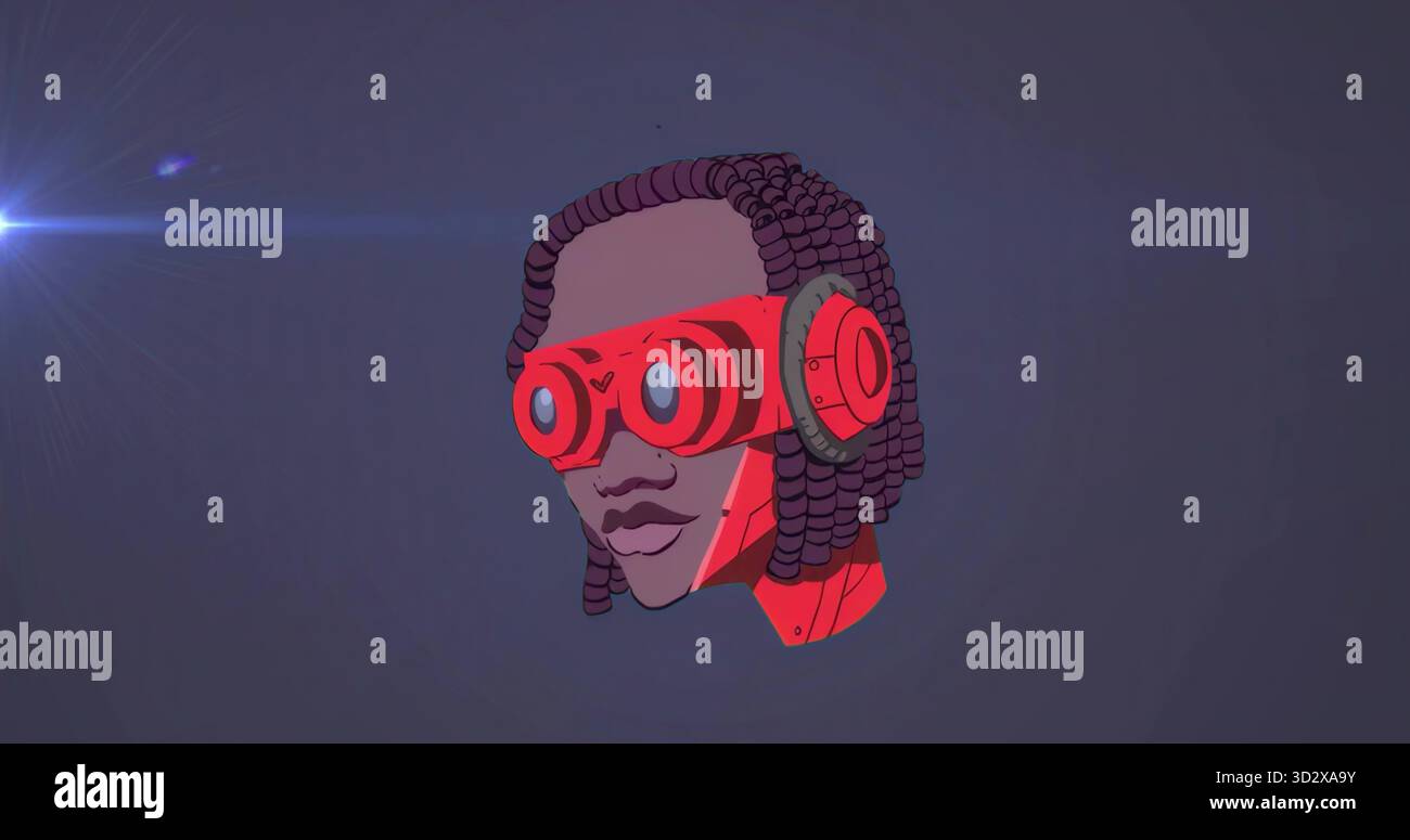 Floating cybernetic human head hovering over dark gradient void, with red visor and neck plating Stock Photo