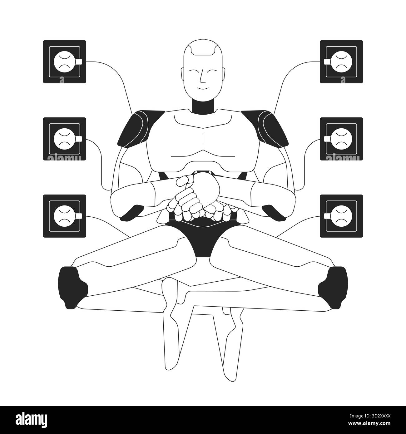 AI robot meditating while connected to power outlets 2D line character Stock Vector