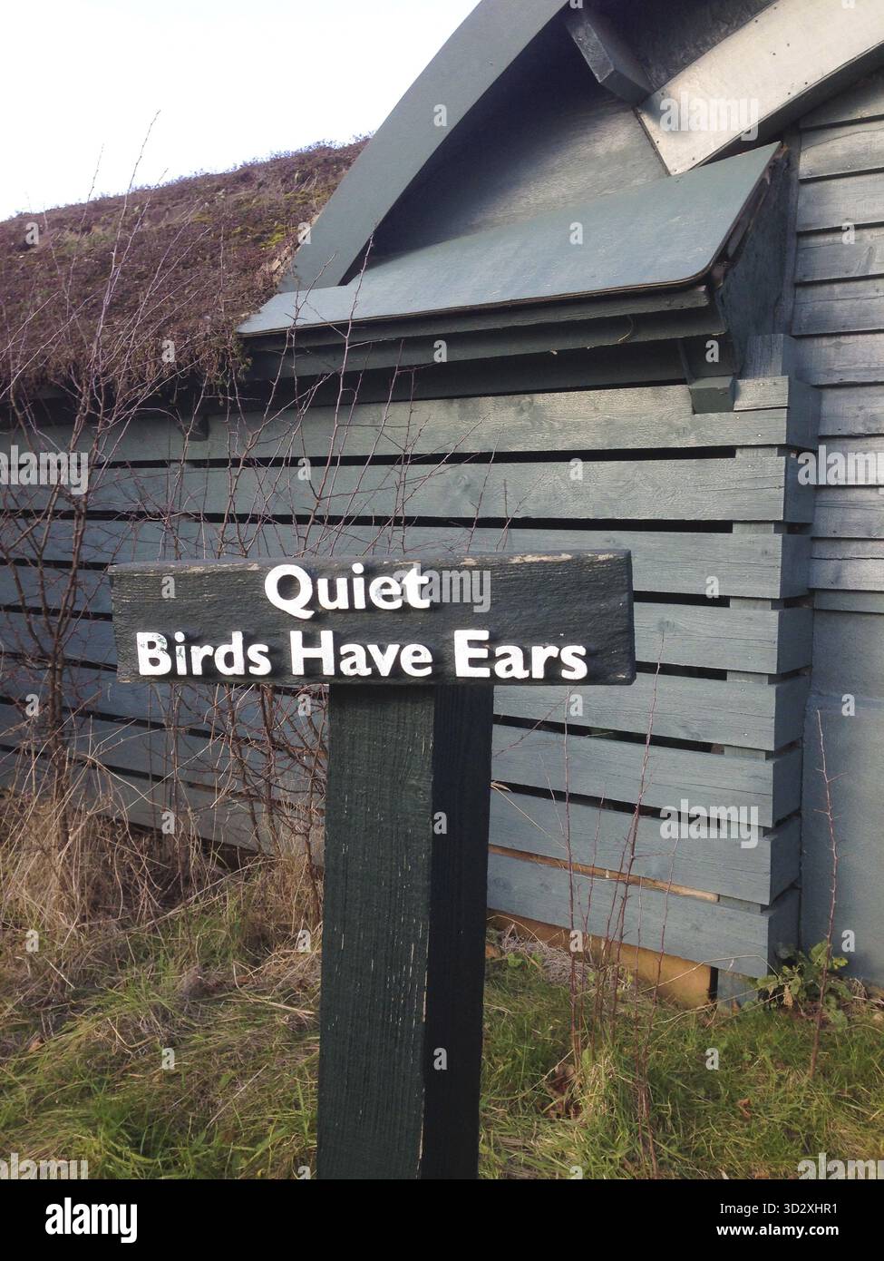 Sign Quiet Birds Have Ears outside birdwatching hide in London Wetland ...