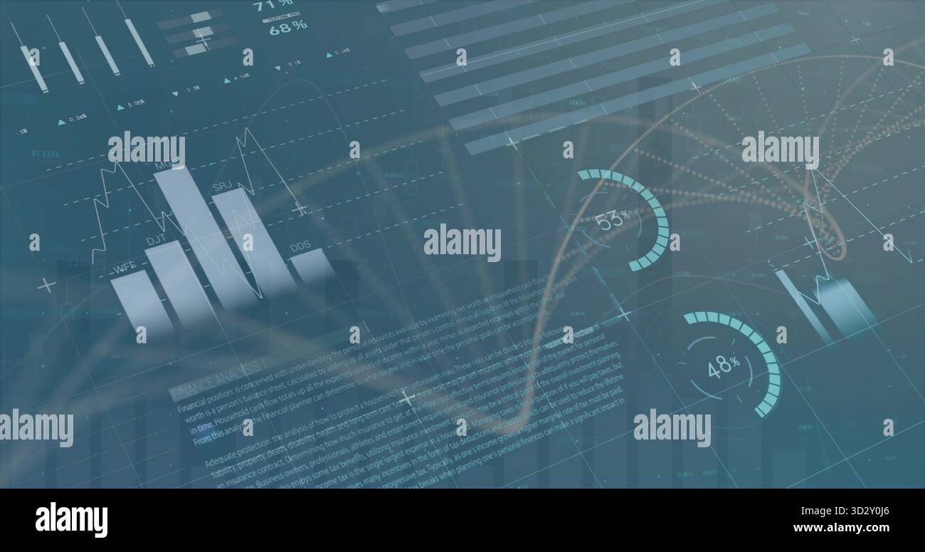 Displaying dashboard showing bar and line charts on teal grid, network diagram and radial gauges Stock Photo