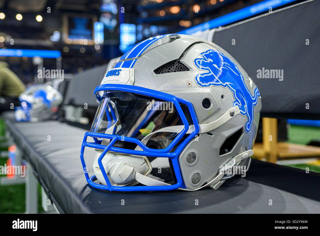 DETROIT, MI - NOVEMBER 02: General view of Detroit Lions helmet during the  game between Minnesota Vikings and Detroit Lions on November 2, 2025 at  Ford Field in Detroit, MI (Photo by